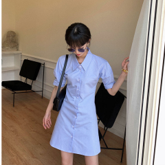 衬衫裙女2020夏季收腰显瘦修身设计蓝色条纹短袖连衣裙ins潮