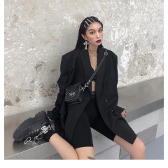 鬼姐姐黑色小西装女春秋冬新款中长款chic复古港风宽松西服外套潮
