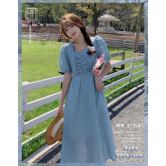 现货实拍2021夏款韩版女装复古珍珠扣抽褶V领公主袖显瘦连衣裙 A字裙 蓝色 杏色 S M L XL