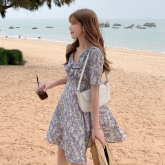 现货实拍2021夏款韩版女装法式浪漫花边V领雪纺短袖碎花连衣裙 A字裙 紫色 绿色 S M L XL